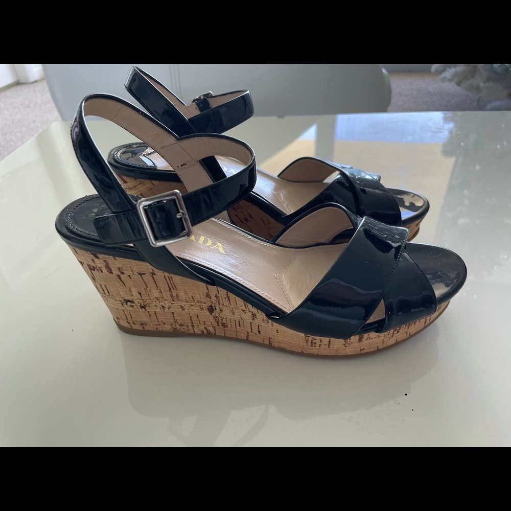 Prada patent leather cork wedge sandals sz.37.5 - Picture 9 of 10